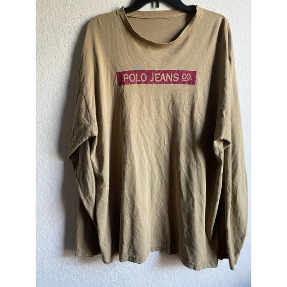 Vintage Y2K Ralph Lauren Polo Jeans Co. Trashed Grunge Tan Long Sleeve Shirt XL - Picture 2 of 15